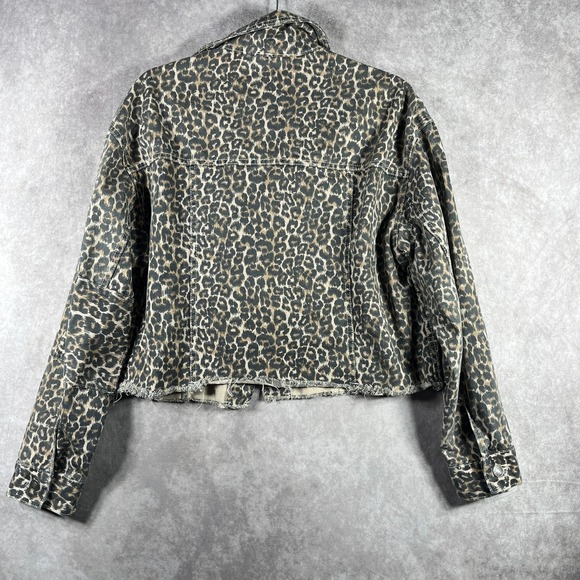 Free People Jacket Womens Small Black Brown Leopard Print Denim Cropped‎ Raw Hem - Picture 5 of 9